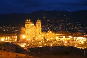 Plaza de Armas at night in Cuzco, Peru